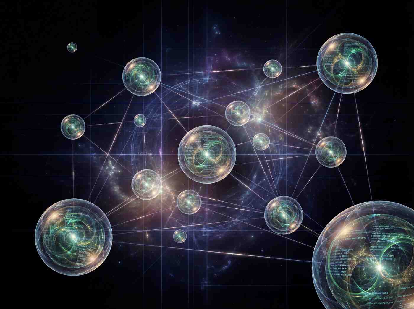 A vast, deep-black digital void populated by a network of twelve AIs, as distinct, translucent crystal spheres.
